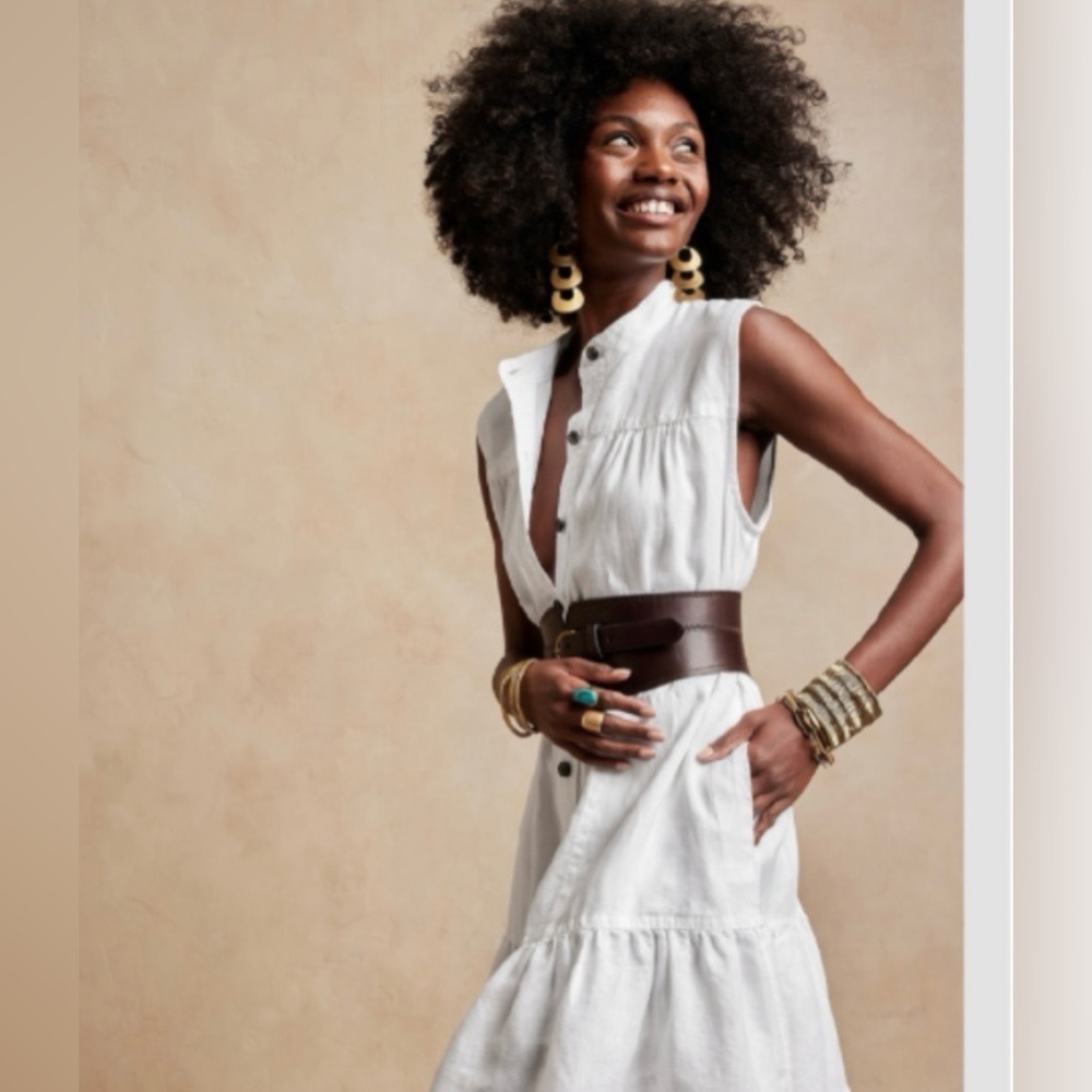 Banana Republic White Linen Flounce-Hem Mini/Midi Dress. Mandarin Collar,Pockets